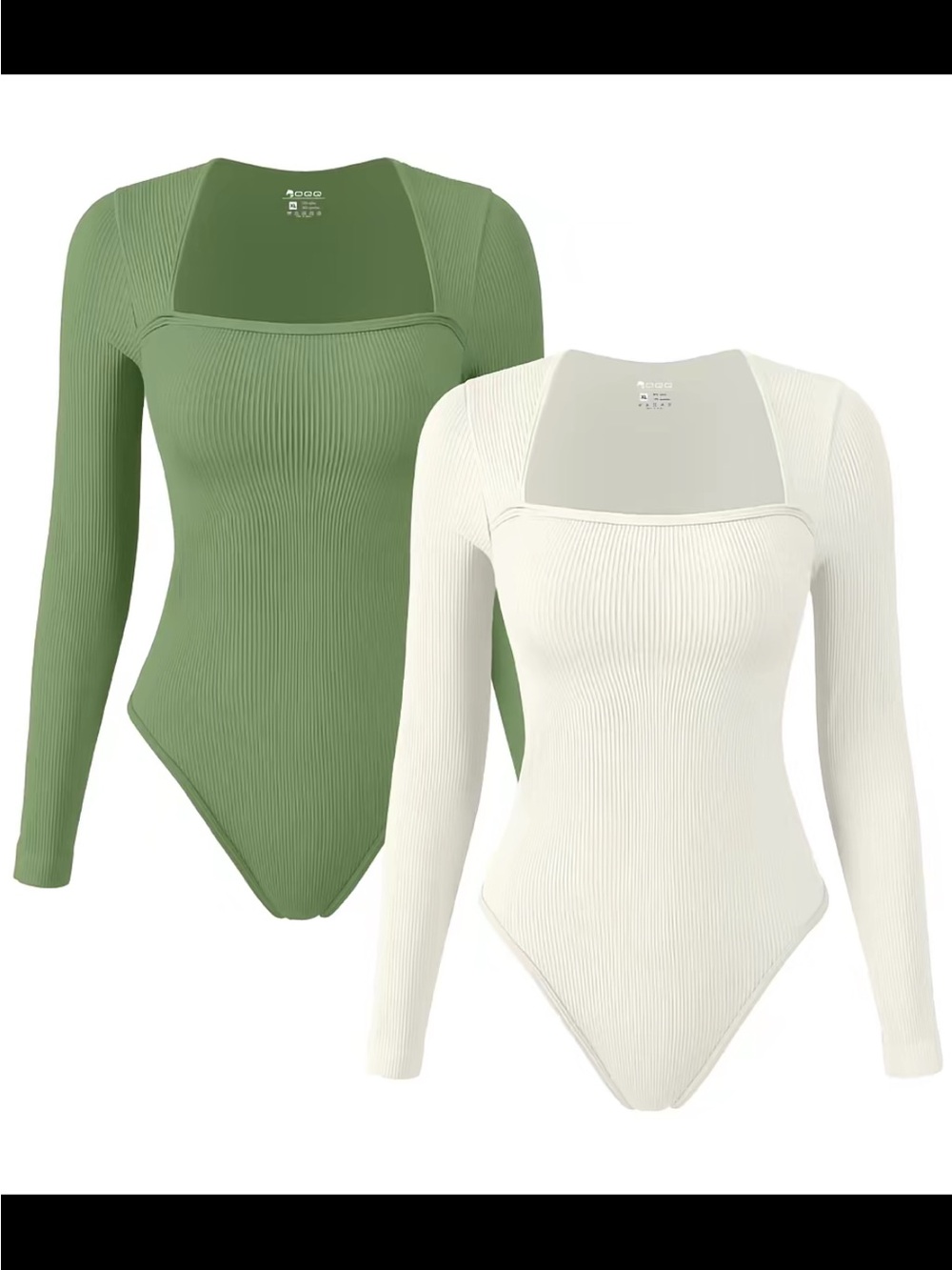 Square Neck Ribbed Long-Sleeve Bodysuit — Sage Green & Ivory